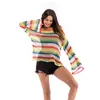 Женщины Rainbow полоса тонкий вязаный пуловер топ Осенняя вспышка рукава O-шеи повседневная футболка свободная тонкая пустая футболка TEE Smock 210507