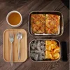 800ml Matbehållare Lunchbox med bambu Lock Rostfritt stål Rektangel Bento Box Trä topp köksbehållare Naturlig lätt för ta
