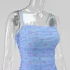 Newasia Mesh Vrouwen DRSUMMER 2020 Spaghetti Bandjes Knielengte Elegante DrSlim Fit Floral Print Ruched Jurken Blue X0529