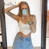 ArtSu Solid Black White Summer Camis Top Streetwear Women Patchwork Lace Ee V Neck Bandage Sexy Satin Crop Tops Club Tank Top X0507