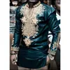 Roupas étnicas Moda Masculina Imprimir Colarinho Camisa Médio-Comprido Camisa Azul Tradicional Africano T-shirt de manga comprida Casual Outono