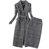 Work Dresses Plaid Suit Women Autumn Winter Long Woolen Blazer & Skirt Set Temperament Tweed Trench Two Piece Plus Size Outfit F1834