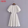 Tangada Moda Mulheres Branco Algodão Cut-Out Dress Chegada Puff Buff Manga Curta Senhoras Vestido Joelho 3H365 210609