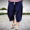 Męskie 3/4 Bawełniane szorty lniane Baggy Loose Fit Summer Casual Cargo Spodnie Capri Solid Color Soft Comfort X0705