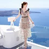 Luxury Self-Portrait Mesh Floral Women Dress Summer Runway Ärmlös Patchwork Sequin Layer Ruffles Sexy Broderi 210506