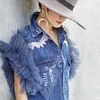 Blouses Femmes Chemises Chic Runway Designer Couches plissées Mesh Puff Manches Patchwork Ripped Denim Blouse Femmes Top Casual Vintage Long C