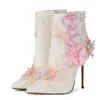 Wetkiss Düğün Ayakkabı Kadın Çiçek Ayak Bileği Çizmeler Stiletto Sivri Burun Dantel Patik Parti Elbise Ayakkabı Ince Yüksek Topuklu İnci Büyük 210630