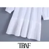 TRAF Women Chic Fashion With Buttons Pleated Hem White Mini Dress Vintage Three Quarter Sleeve Female Dresses Vestidos 210415