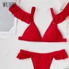 Sexy Off Ombro Vermelho Senhora Senhora Ruffled Bikini Feminino Swimsuit Mulheres Swimwear Duas Peças Definir banhos de banho Mulheres