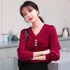Koreanska Silk Kvinnor Blusar Långärmade T-shirts Top Woman V-Neck Ladies Toppar Plus Storlek Casual Satin Blouse 210427