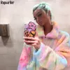 Tie Dye Turn-Down Collar Faux Fur Coat Kobiety Luźna Moda Kolorowa Kobieta Wysokiej Jakości Ciepły Płaszcz Zipper 210510