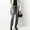 Inspired luxury zebra cardigan shawl lapel oversized knitted cardigan women fringed edges belt tied fashion cardgian coat 210412