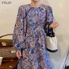 Wiosna Jesień Kobiety Elegancki Rękaw Puff Rękaw Kwiatowy Drukuj Dress Casual Seaside Beach Vintage Bohemia Długie 210423