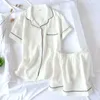 Japanese-style summer ladies cotton double-layer crepe gauze short-sleeved shorts pajamas suit large size home service women 210809