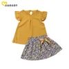 1-6Y Été Fleur Enfant Kid Bébé Filles Vêtements Ensemble Volants Mousseline Tops Imprimé Floral Jupes Tenues Enfants Costumes 210515