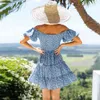 Short Sleeve Floral Print Summer Sundress for Women Casual Boho Beach Style Mini Dress Off The Shoulder Dress New 210415