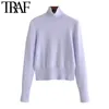 TRAF Women Fashion Soft Touch Cropped Knitted Sweater Vintage High Neck Long Sleeve Female Pullovers Chic Tops 210415