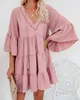 Summer Dress Women Pink Elegant Midi Sleeve Ruffle Mini Vintage Dress Sweet V Neck Party Clothes Robe Femme Y2k Vestidos 210715