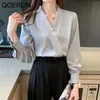Office Ladies Workwear S-2XL Style Stain Chiffon Shirts Women Plus Size Pearl Korean V-neck Chic Solid Blouse 210601