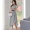 Summer Korean Office Lady Dress Female Elegant OL Turn down Collar Irregular sleeveless Slim Blue stripe Midi Dress 210514