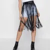 Mulheres High Cintura Faux Couro Fringe Borlas Saia Body Harness com Botões Snap Bruxas Festa Punk Rock Traje Clubwear 210621