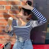 WOMENGAGA Koreanische Frühling Sommer Tops Sexy Schlanke Quadratische Kragen Bodenbildung Gestreiften Elastischen T-shirt Asien Mädchen Tees 9EBP 210603