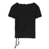 Zomer Solid Slanke Crop T-shirt Dames Korte Mouw Streetwear ROK Trekkoord Lace Up Bodycon Tees Dames Elegante Casual Tops 210515