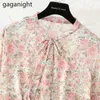 Vintage Butterfly Sleeve Floral Print Tender Dresses Chiffon Sashes Spring O-Neck Robes Office Ladies Vestidos 210601