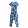 Floral Femelle Jumpsuit Bleu Longue Jumpsuit Femme Summer Mode Bow découpé à manches courtes Casual Romper Femmes Outfit 210519