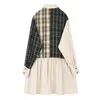 Long Sleeve Lapel Dress Women Spring Autumn Patchwork Japanese Casual Style Vintage Fashion Elegant Plaid Female 210515