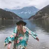 Groene Bohemian bedrukte bikini wrap cover-ups Chinese stijl kimono cardigan katoenen tuniek strand jurk badmode Cover Up