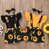 Baby Designer Kläder Girl Ruffle Sleeve Romper Sunflower Skirt Headband 3pcs Sets Toddler Suspender Kjol Suit Summer Baby Outfits 3318 Q2