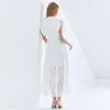 Blanc évider femmes robe col montant à manches courtes taille haute robes élégantes femme automne vêtements 210520