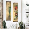 Kinesisk stil blomma grön växter kanfas dekorativ målning butik sovrum vardagsrum väggkonst massivt trä scroll målningar 210705