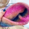 New Ins Rainbow Winter Knitting Beanies Hats For Women Warm Rabbit Fur Hat Female Korea Gradient Tie Dye Striped Ski Hat