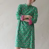 Johnature Retro Plaid Print Stand Plate Buckle Long Sleeve Dress Autumn Simple Loose Comfortable Women Fashion Dresses 210521