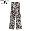 TRAF Women Chic Fashion With Belt Floral Print Straight Pants Vintage High Waist Side Pockets Female Trousers Mujer 210415