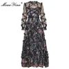 Moayina 패션 디자이너 드레스 봄 여성 드레스 랜턴 슬리브 메쉬 인쇄 캐스케이션 프릴 휴가 공 가운 드레스 210630