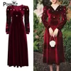 女性春秋のドレスプラスサイズ2xl 210421のためのエレガントなVネックの長袖のAラインベルベット赤いクリスタルボタンMIDIドレス