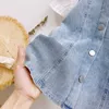 15790 Yaz Bebek Kız Denim Elbise Çocuklar Kısa Kollu Patchwork Jeans Tops Çocuk Prenses Elbiseler