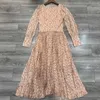 Drukuj Vintage Plisowane sukienki dla Kobiet V Neck Puff Długim Rękawem Wysoka Talia Ruched Elegancka Sukienka Kobiet Moda Odzież 210531