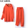 Gcarol Fall Winter Womenの長いフード付きスーツ80％綿フリース特大ボーイフレンドスウェット弾性ウエストハーレムパンツセット210727