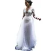 ラグジュアリービーズのアフリカのシースのウェディングドレスの取り外し可能なスカート2022シアーvネック長袖真珠の真珠のビーズ2 in 1ブライダルガウンビーチレース花嫁のドレス