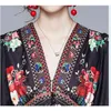 Pist Tasarımcısı İlkbahar Sonbahar Boho Maxi A-Line Elbise kadın V Yaka Uzun Kollu Çiçek Baskı Parti Elbiseler Kobieta Sukienka 210520