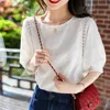 Lato Korea Moda Kobiety Latarnia Rękaw Loose Shirts Haft Bawełna Koronki O-Neck Casual Bluzki Plus Rozmiar M28 210512