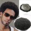 African American Wigs Skin Base Human Hair Mens Hairpiece 120% Medium Density Afro Tight Curly Toupee #1 Jet Black