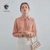 Fansilanen Chiffon Shirt Dames Lente Chic Polo Neck Lint Schuine Kraag Lange Mouwen Top Dames 210607