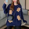 Women Sweater Knitted Pullovers Long Sleeve Crew Neck White Violet Navy Bear M0368 210514