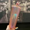 Tumblers 710ml 개인화 된 스타 벅스 컵 무지개 빛나는 블링 블링 무지개 유니콘 스터드 콜드 컵 텀블러 커피 머그와 밀짚 2238