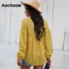 Primavera verão solto laço casual chiffon blusa mulheres v pescoço camisa de bolinhas transparentes manga longa chique tops 210413